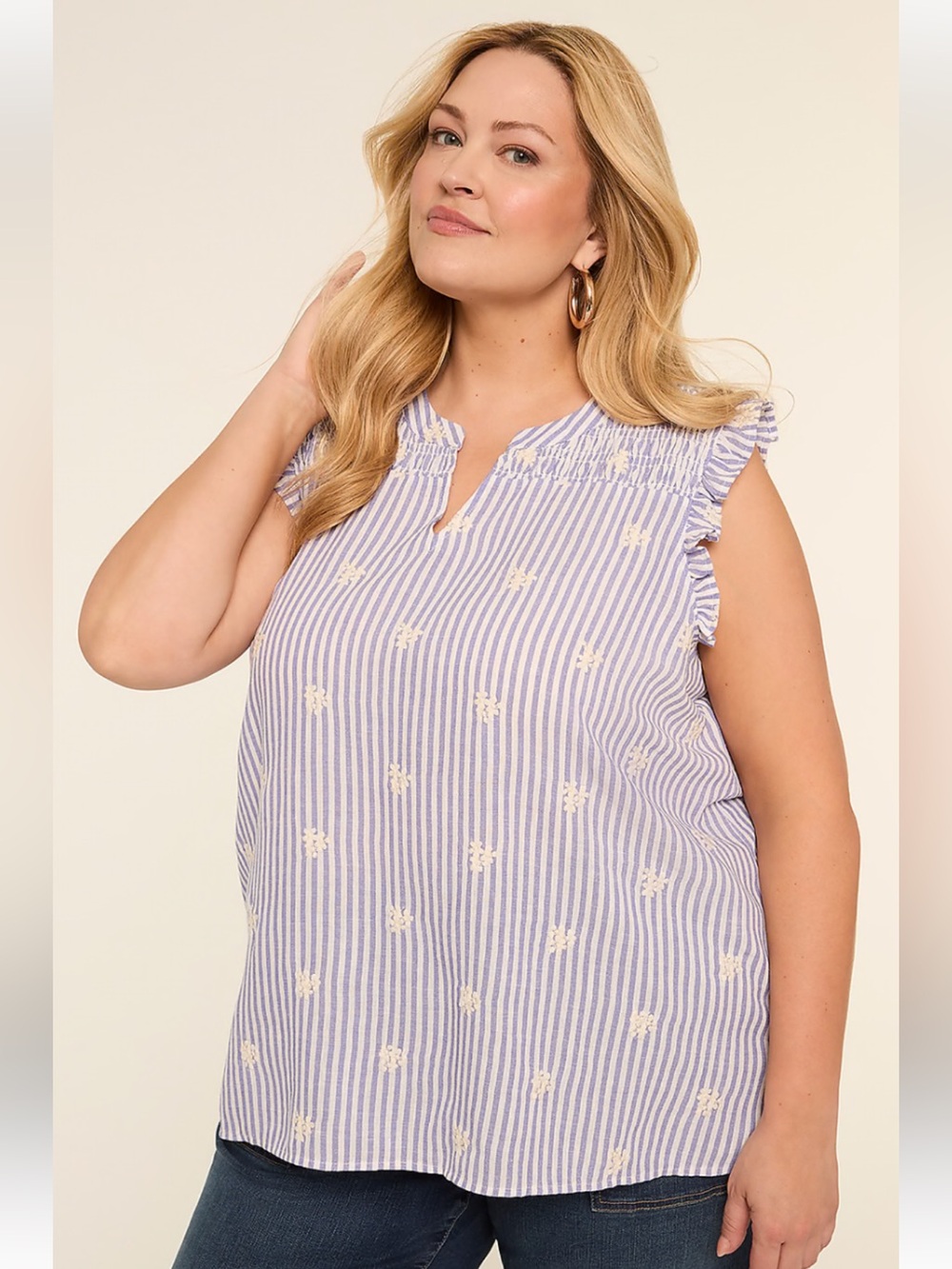 NWOT Lane Bryant Embroidered Flower Flutter-Sleeve Striped Top Cottagecore Sz 18
